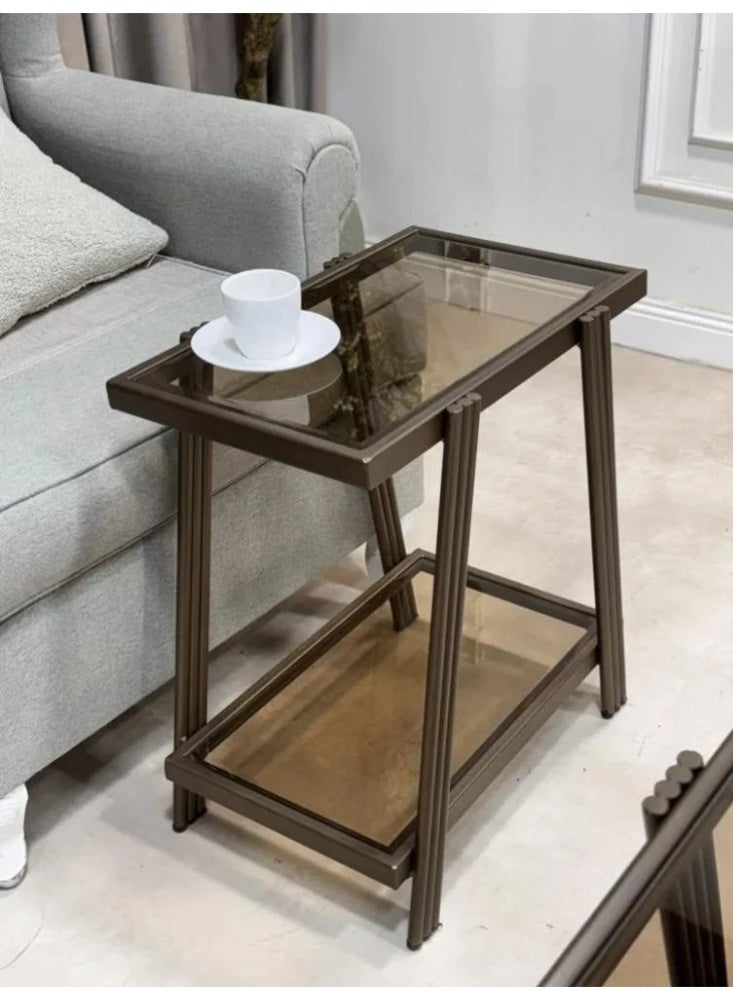 متجر نايس طاولة جانبية مودرن للخدمة والقهوة - هيكل معدني بطبقتين وسطح زجاجي - بني برونزي. - Image 2